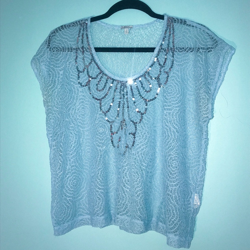 🦋 Light Blue Charlotte Russe Net Knit Sequin Top